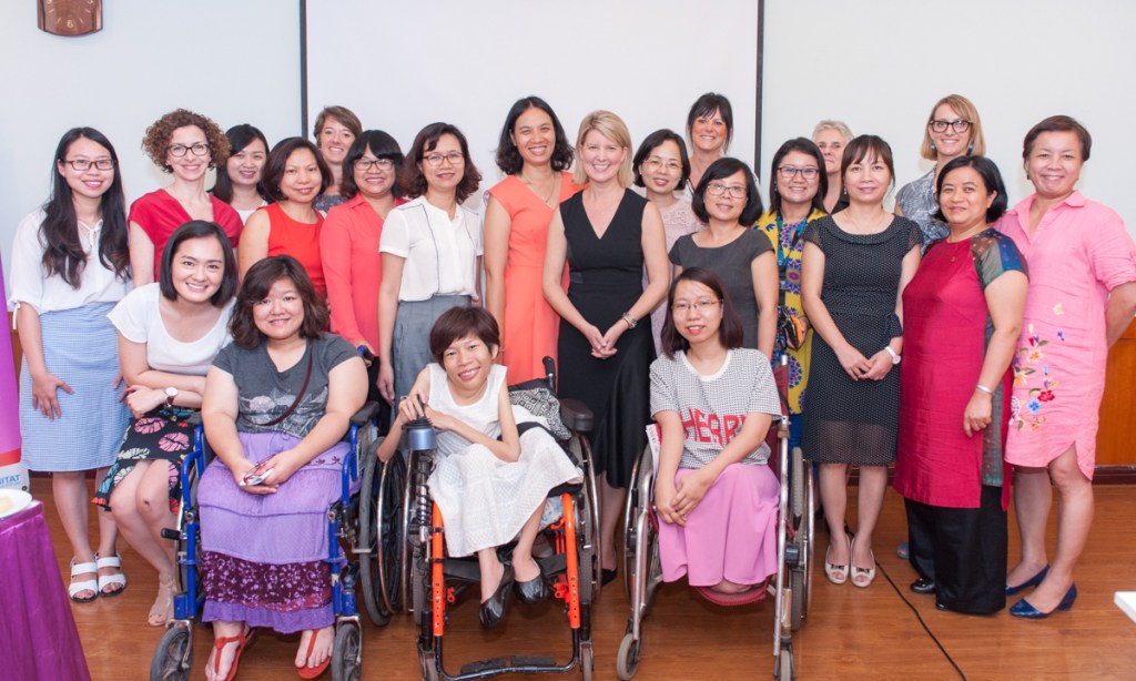 Australia’s Ambassador for Women and Girls, Natasha Stott Despoja, centre, in Hanoi last month after the round-table discussion at Vietnam’s Center for Women and Development.