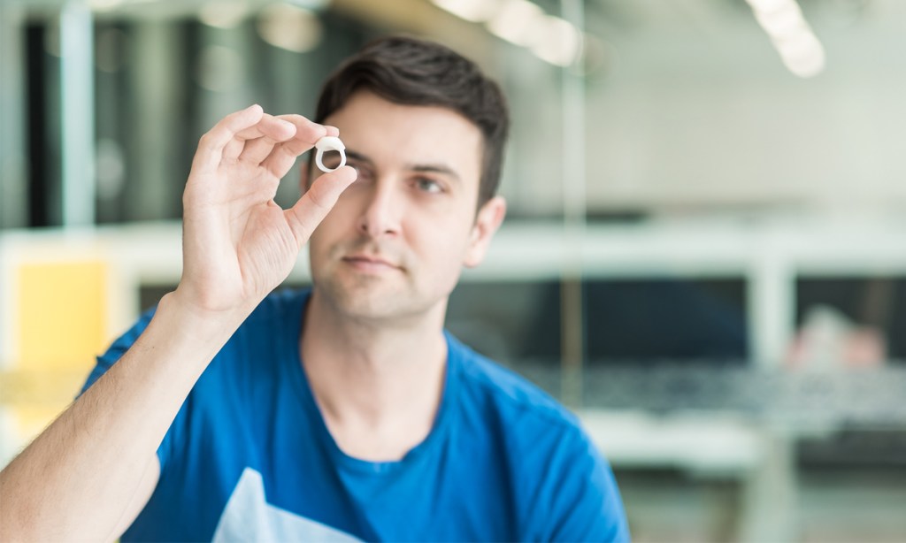 Thim founder Ben Olsen with the fully functional Thim prototype.
