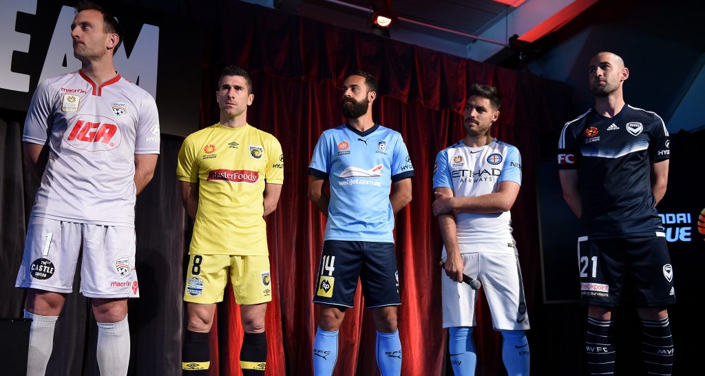 Eugene Galekovic of Adelaide United, Nick Montgomery of the Central Coast Mariners, Alex Brosque of Sydney FC, Bruno Fornaroli of Melbourne City FC and Carl Valeri of Melbourne Victory at last year's 2016-17 season launch. Photo: Dan Himbrechts / AAP