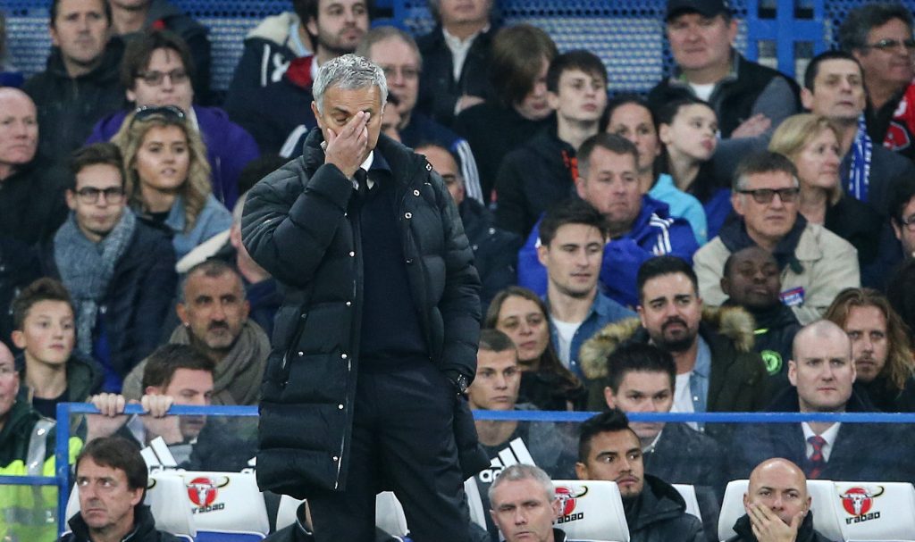 Manchester United's Jose Mourinho looks on dejected during his return to Stamford Bridge. Photo: David Klein / Sportimage via PA Images