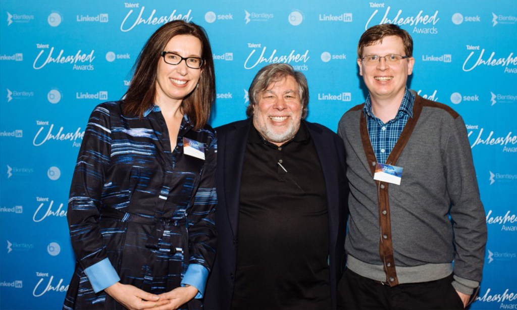 Apple co-founder Steve Wozniak flanked by Clevertar’s Tanya Newhouse and Martin Luerssen after the SA company won the 2016 Talent Unleashed award for Best Startup Tech Innovation in Sydney. Photo courtesy PAUL McMILLAN