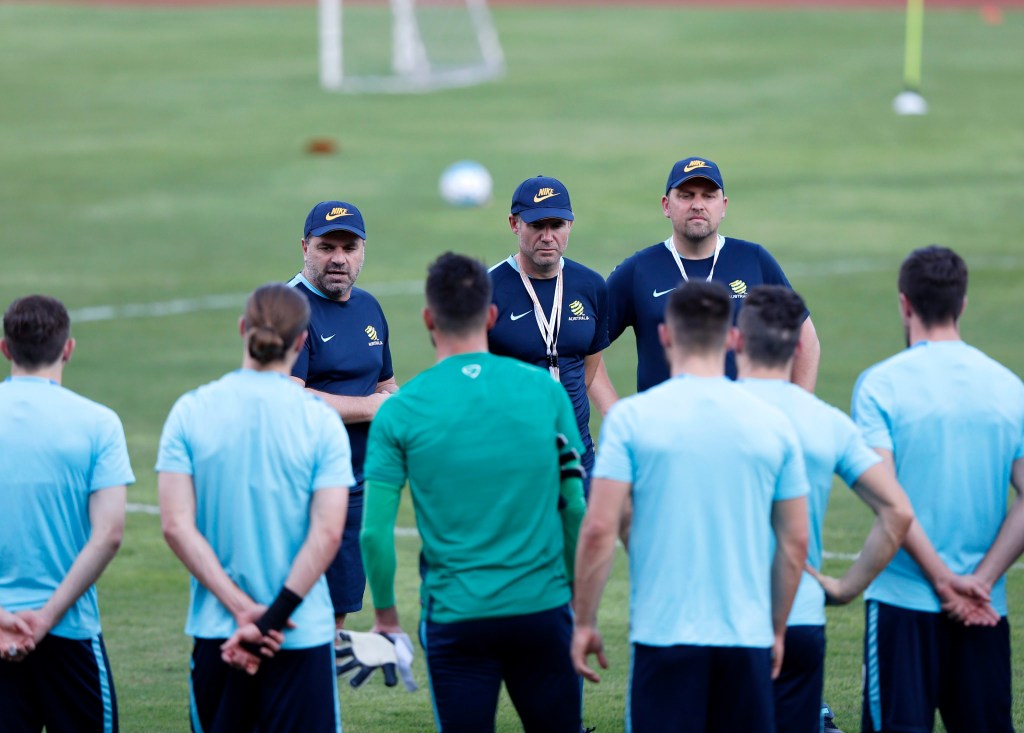 Ange Postecoglou addresses his players during a training session at the Supachalasai Stadium in Bangkok. Photo: RUNGROJ YONGRIT / EPA