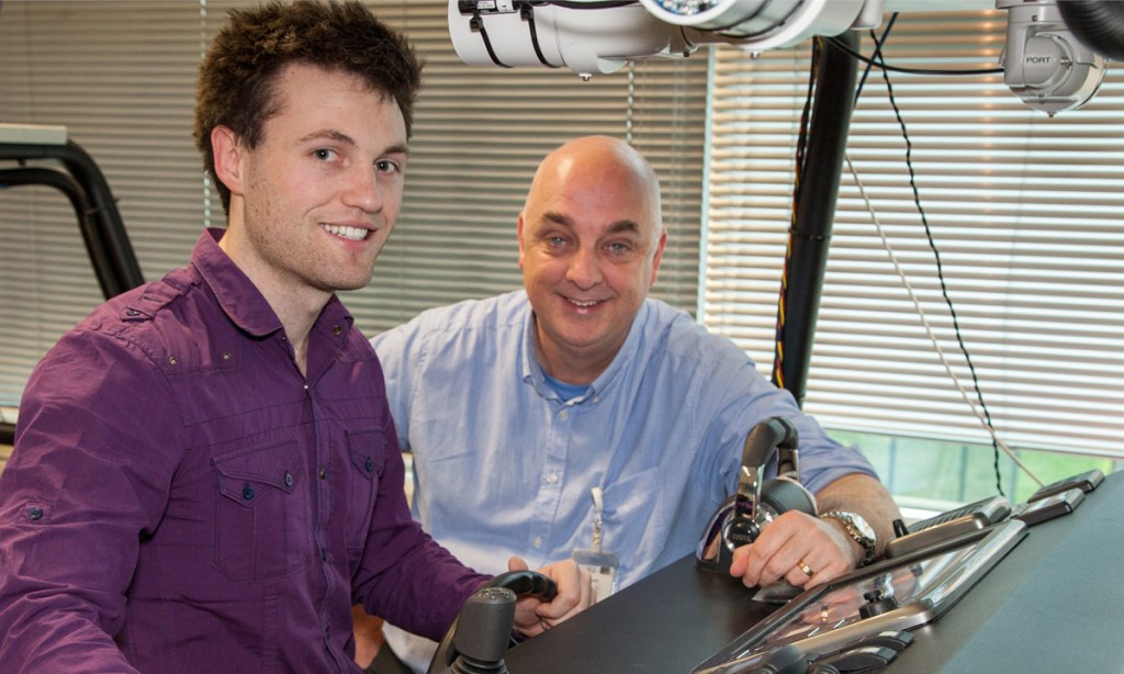Flinders University intern Luke Perry with Dr Derek Rogers, Program Manager / Engineering Manager of Saab’s Maritime Systems Centre of Excellence in Autonomous Vessels at Mawson Lakes near Adelaide. Photo courtesy Ben Grant, Saab Australia