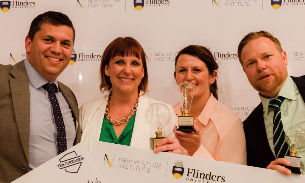 The latest Venture Dorm award winners at last week’s eNVIes awards night at Flinders University, left to right, Michael Ewer, Dana Bell, Melissa Little and Sam Hastwell.