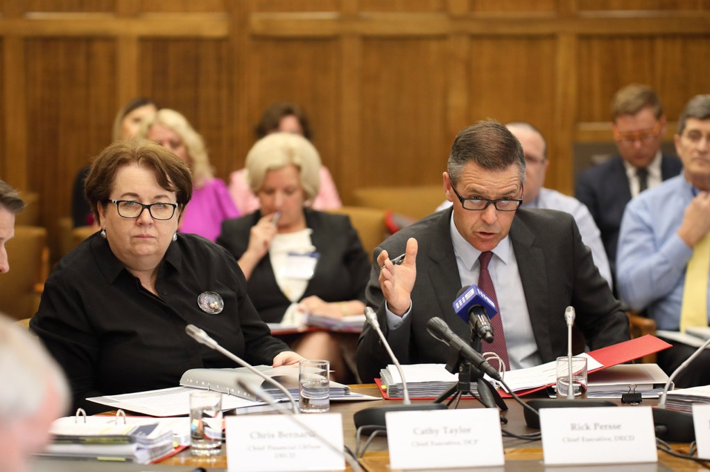 New Child Protection Department boss Cathy Taylor (left) with Education department chief Rick Persse today. Photo: Tony Lewis/InDaily