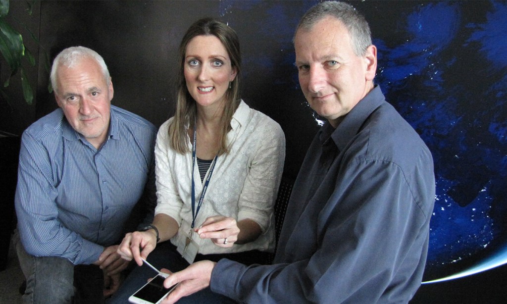Associate Professor Sandy Walker, PhD candidate Jennifer Templeton and Professor Adrian Linacre with the Micro-Swab prototype at Flinders at Tonsley. 