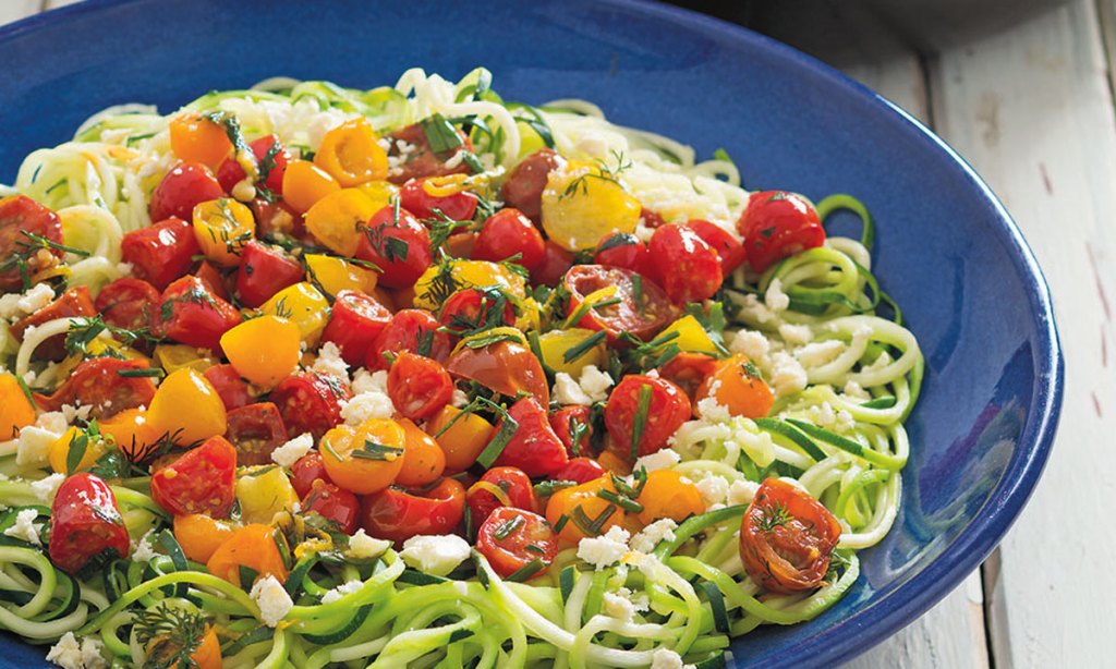 Thumbnail for Zucchini noodles with herby cherry tomatoes, lemon & feta