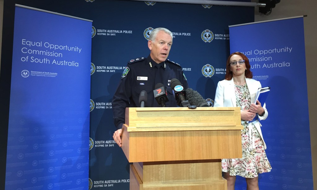 SA Police Commissioner Grant Stevens and Commissioner for Equal Opportunity Dr Niki Vincent addressing the media this morning. Photo: Bension Siebert/InDaily