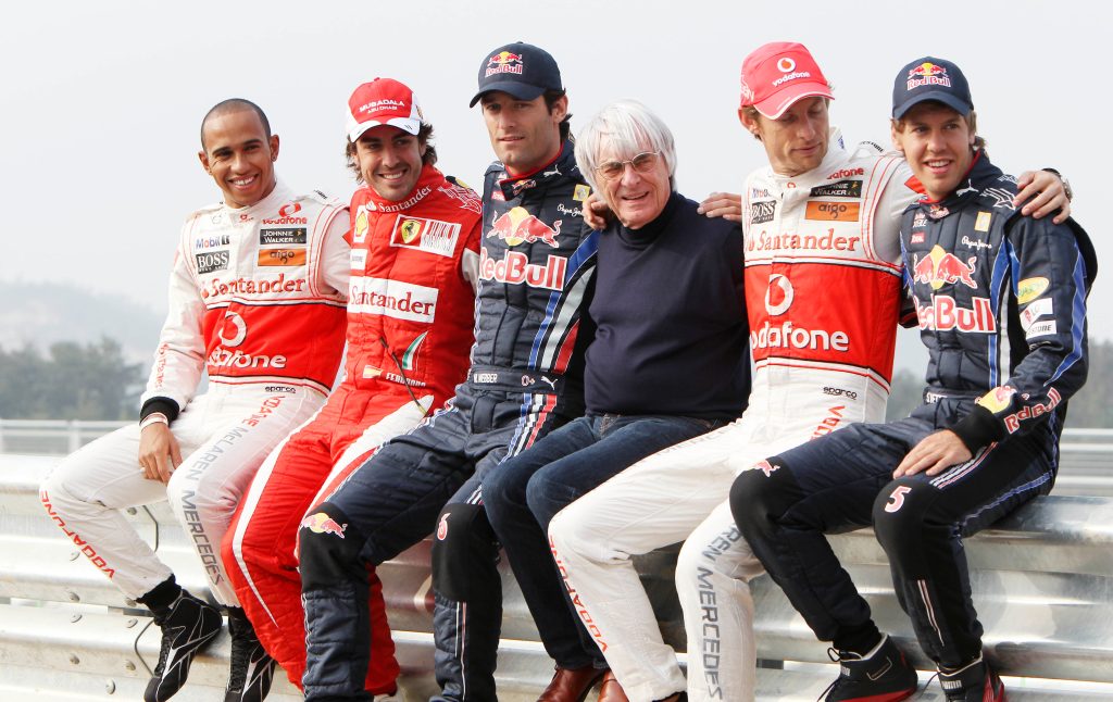 DIVIDE AND RULE? Former Formula One boss Bernie Ecclestone with Lewis Hamilton (McLaren), Fernando Alonso (Ferrari), Mark Webber (Red Bull), Jenson Button (McLaren) and Sebastian Vettel (Red Bull) at the Korean Grand Prix in 2010. Photo: Mark Baker / AP