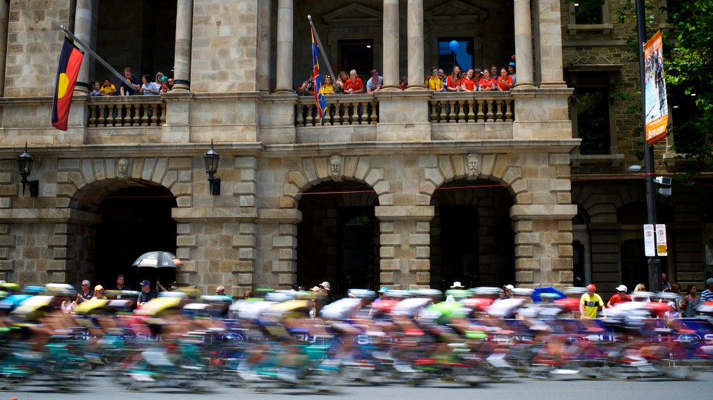 Some of SA's best young cyclists watched the Tour's final stage from the balcony of Adelaide Town Hall. Photo: Michael Errey / InDaily
