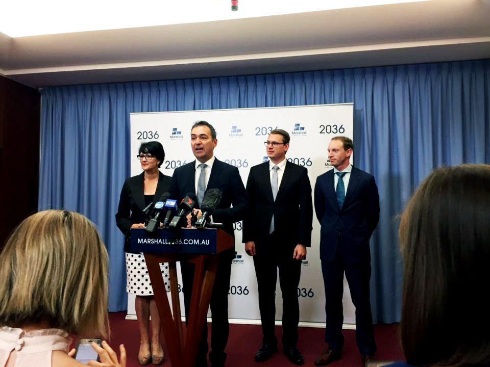 Steven Marshall with his deputy Vickie Chapman (left), and newcomers Stephan Knoll (second from right) and David Speirs (right).