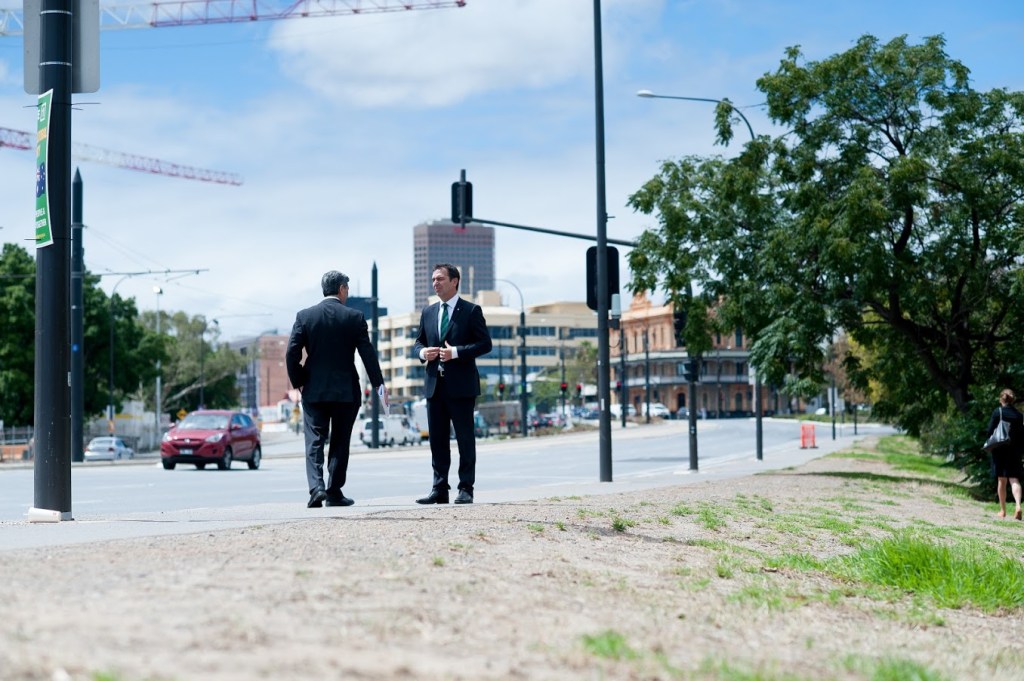 SMALL TARGETS: Steven Marshall with Rob Lucas during the 2014 election campaign. Photo: Nat Rogers / InDaily