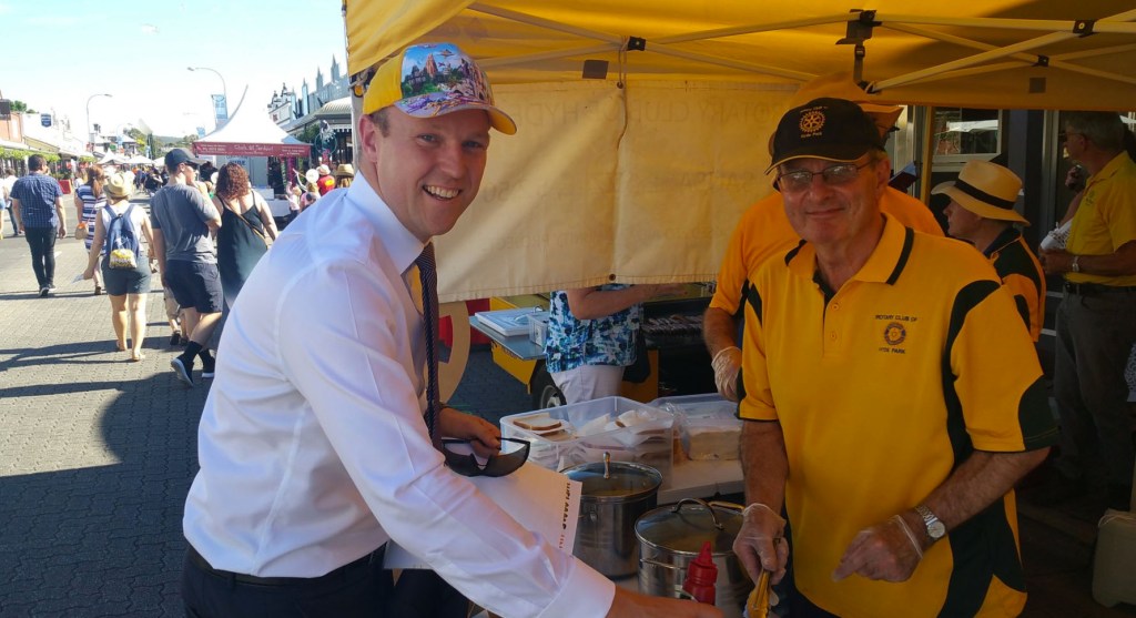 Unley Mayor Lachlan Clyne at a Tour Down Under sausage sizzle - but have his designs on Badcoe hit a snag? Photo: Twitter