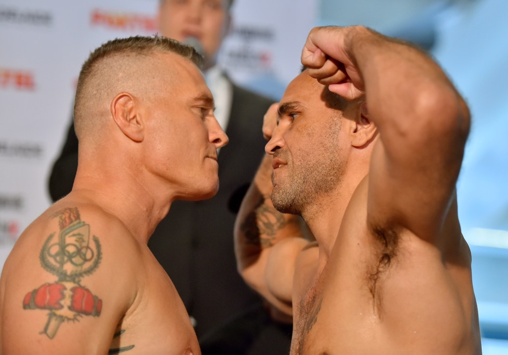 FACE-OFF: Danny Green and Anthony Mundine bring the obligatory trash-talk before tonight's bout. Photo: David Mariuz / AAP