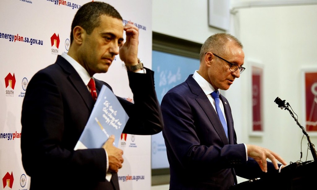 Energy Minister Tom Koutsantonis and Premier Jay Weatherill announcing their energy plan. Photo: Tony Lewis/InDaily