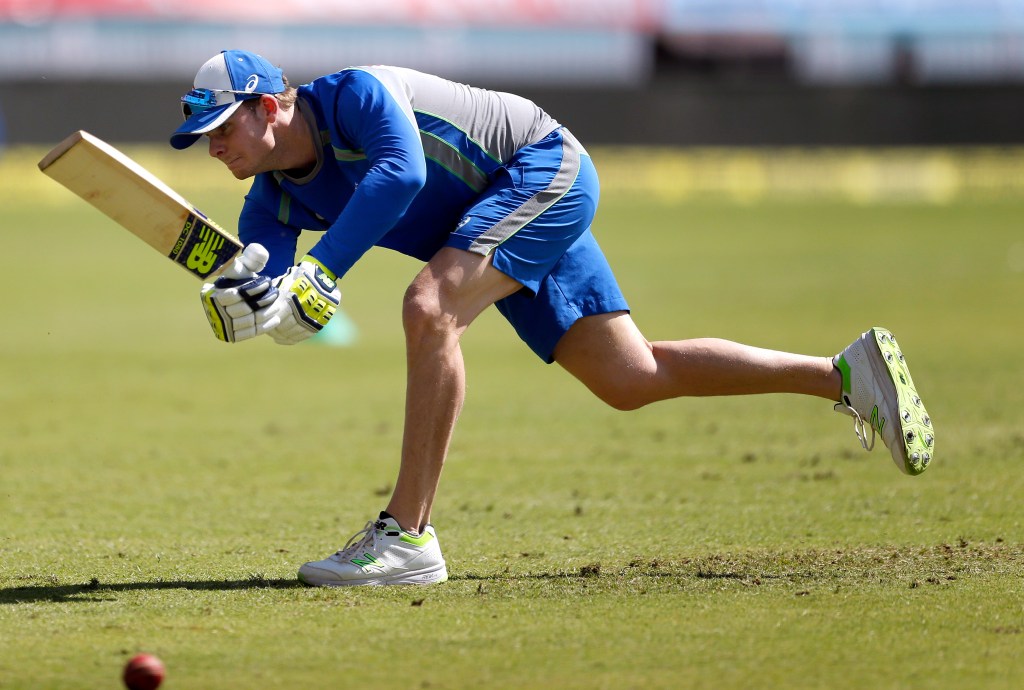 Steve Smith bats during a training session ahead of today's third Test. Photo: Aijaz Rahi / AP