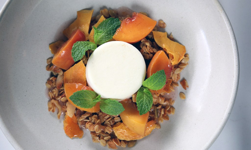 Thumbnail for Yoghurt Bavarois with Peach Compote and Fruit Granola