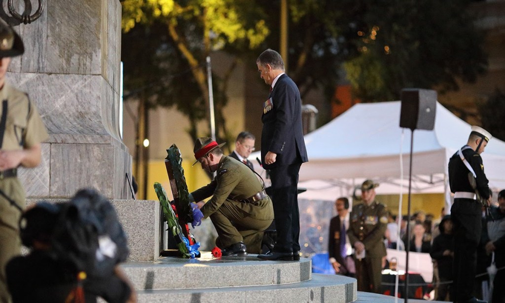 Dignitaries, including RSL president Tim Hanna, attend the National War Memorial on North Terrace on Anzac Day each year, but the RSL is fighting to save its Virtual Memorial. Photo Tony Lewis / InDaily