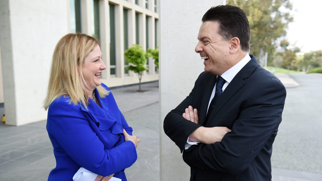 Rebekha Sharkie, with Team leader Nick Xenophon in Canberra, has hired local councillor Andrew Stratford to MC her community forums. Photo: Mick Tsikas / AAP