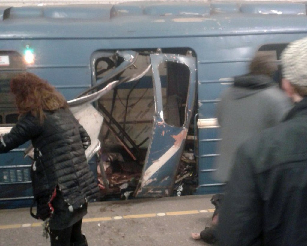 A damaged train pictured shortly after an explosion in the St Petersburg subway. Photo: EPA/megapolisonline.ru