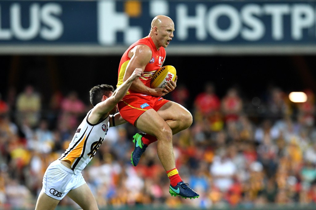 Gary Ablett takes a mark during the Suns' big win over fallen powerhouse Hawthorn. Photo: Dan Peled / AAP