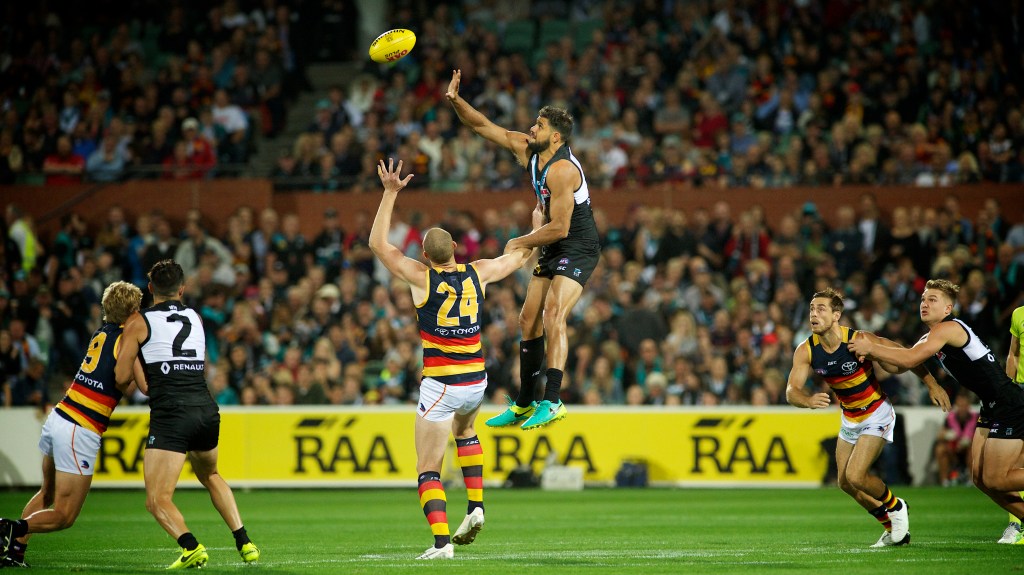 An energetic - and ultimately overenthusiastic - Paddy Ryder got the better of Sam Jacobs (just) but Rory Sloane and Richard Douglas managed plenty of clearances. Photo: Michael Errey / InDaily