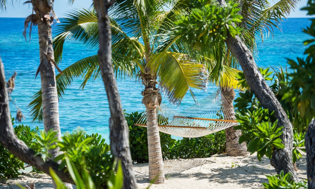 A hammock beneath the palms ... willing to hold you for hours on end. Photo: Vomo Resort