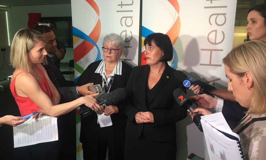 Then-Mental Health Minister Leesa Vlahos (centre-right) next to SA Health CEO Vicki Kaminski, answering journalists' questions following the release of the Oakden Report.