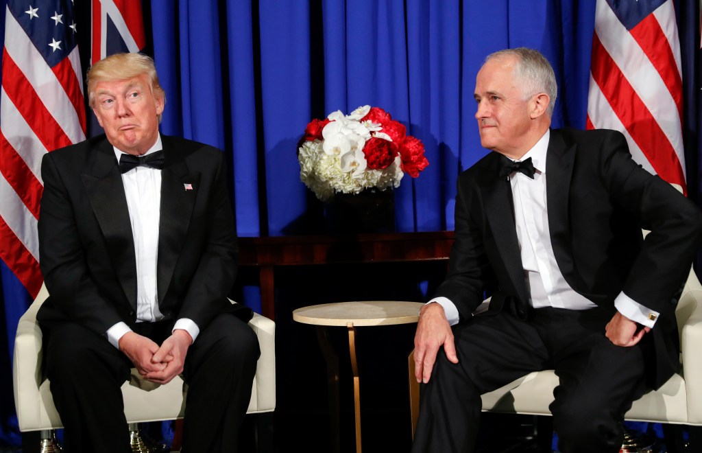 President Donald Trump with Prime Minister Malcolm Turnbull during their meeting aboard the USS Intrepid in New York. Photo: AP/Pablo Martinez Monsivais