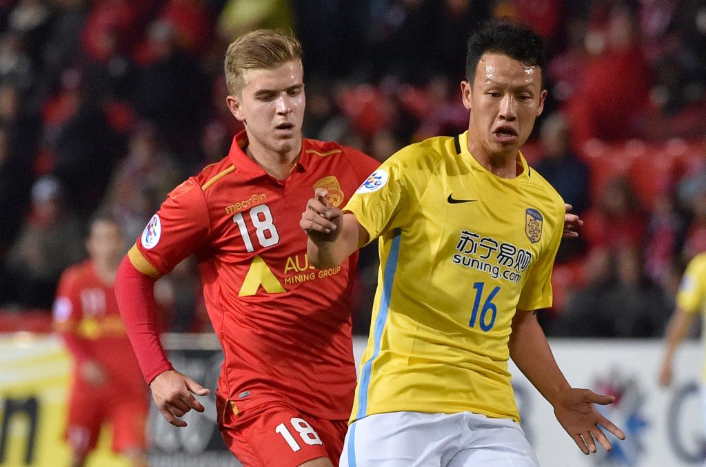 The A-League season saw young gun Riley McGree - here pressuring Gao Tianyi from Jiangsu FC during last night's loss - emerge at Adelaide United despite the Reds’ poor season. Photo: David Mariuz / AAP