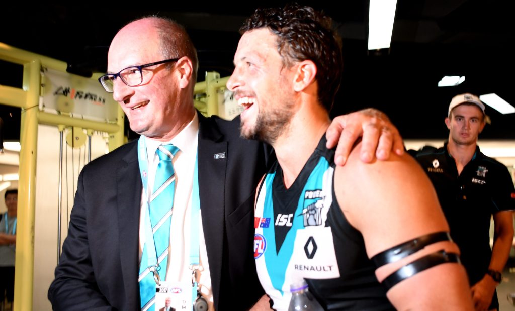 Port Adelaide president David Koch with Travis Boak. Photo: Tracey Nearmy / AAP