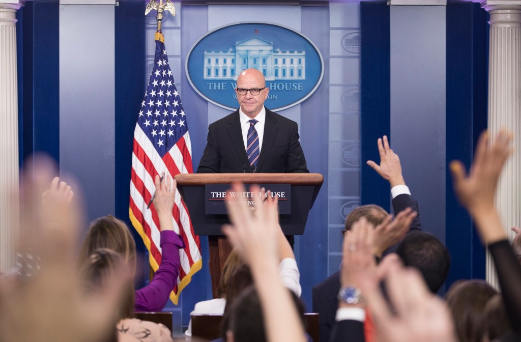 US National Security Advisor H.R. McMaster faces the media. Photo:   EPA/Shawn Thew