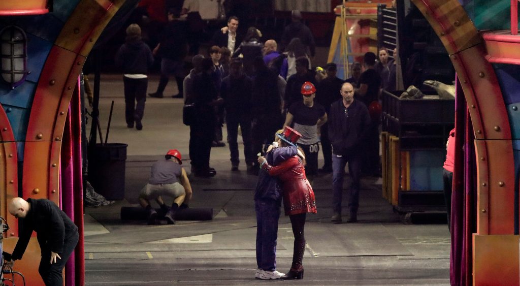 Ringling Bros and Barnum & Bailey Circus ringmaster Kristen Michelle Wilson hugs a member of the crew after the circus' red unit gave its final performance in Providence, Rhode Island. Photo: AP/Julie Jacobson