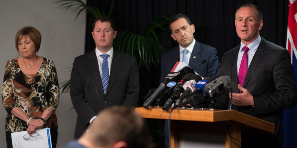From left: Jennifer Rankine, Jack Snelling, Tom Koutsantonis and Jay Weatherill. Photo: Nat Rogers/InDaily 