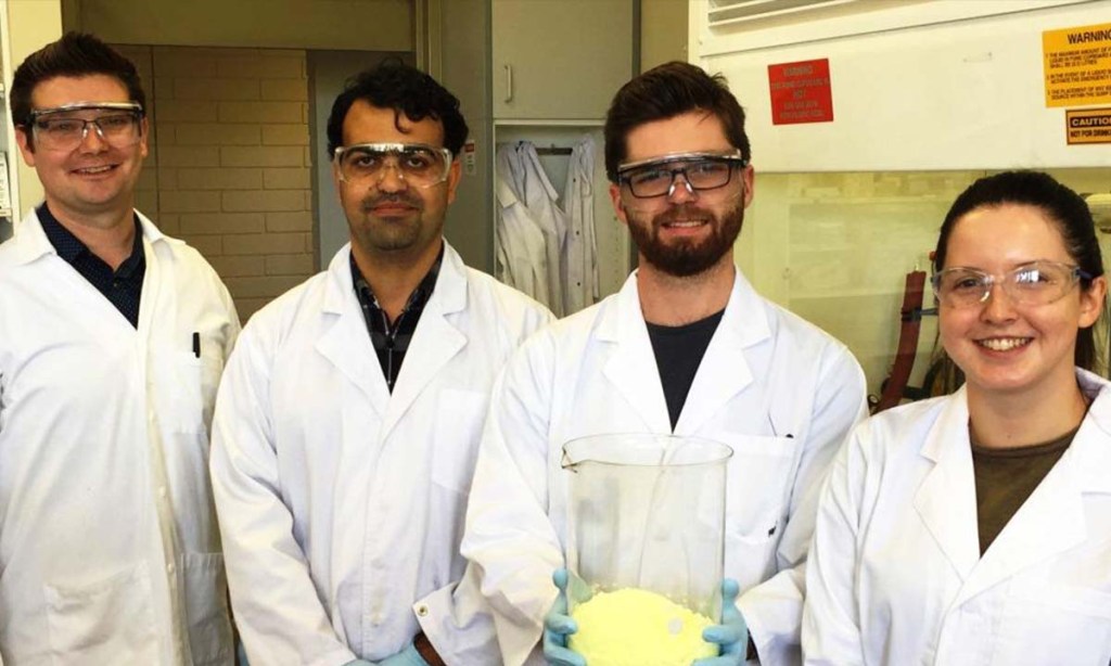 Flinders Lecturer in Synthetic Chemistry Dr Justin Chalker, left, with postgraduate students Salah Alboaiji, Max Worthington (with sulfur material) and Renata Kucera.