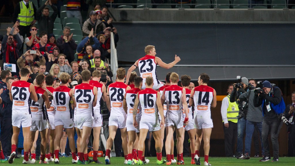 CHEERS, BERNIE! Former Crows favourite Vince proudly wears the Number 23 on his back, presumably to signify the draft selection we got for trading him. Photo: Michael Errey / InDaily