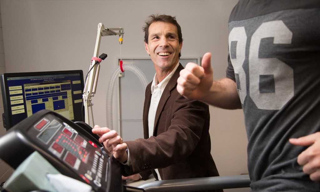 Sport, Health and Physical Education (SHAPE) Research Centre Director Professor Murray Drummond assesses a young athlete’s fitness at the Flinders University gymnasium. 