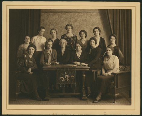 Members of the S.A. Women's Police Force in 1934: front: l-r: Melva Harris, Daisy Rose Curtis, Fanny Kate Boadicea Cocks, Maud Mary Wilcher (Mrs), Mary J. Poole, Margaret Ottoway. Back: Ethel Frances Gleeson, Mary A. McCarthy, Isobel Eunson, Jean Campbell, Adeline Williams, Constance McGrath, Maude Priest. Photo: State Library of South Australia