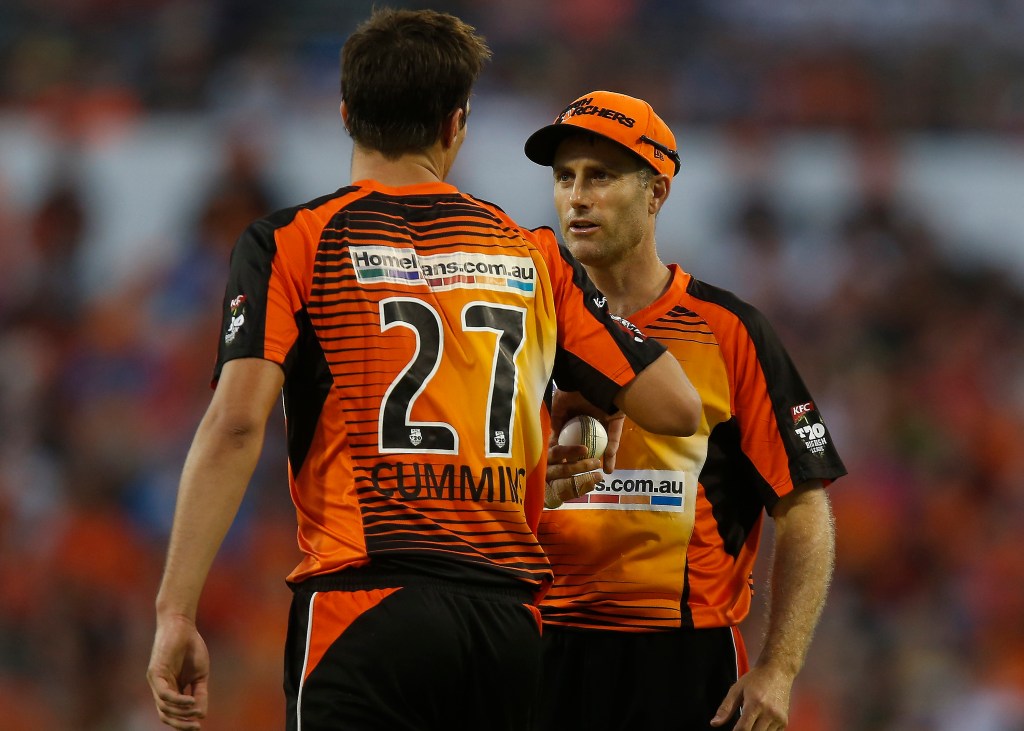 Simon Katich with Scorchers teammate Pat Cummins during the 2014 Big Bash League final. Katich has blasted CA over revelations the league has lost money. Photo: Theron Kirkman / AAP