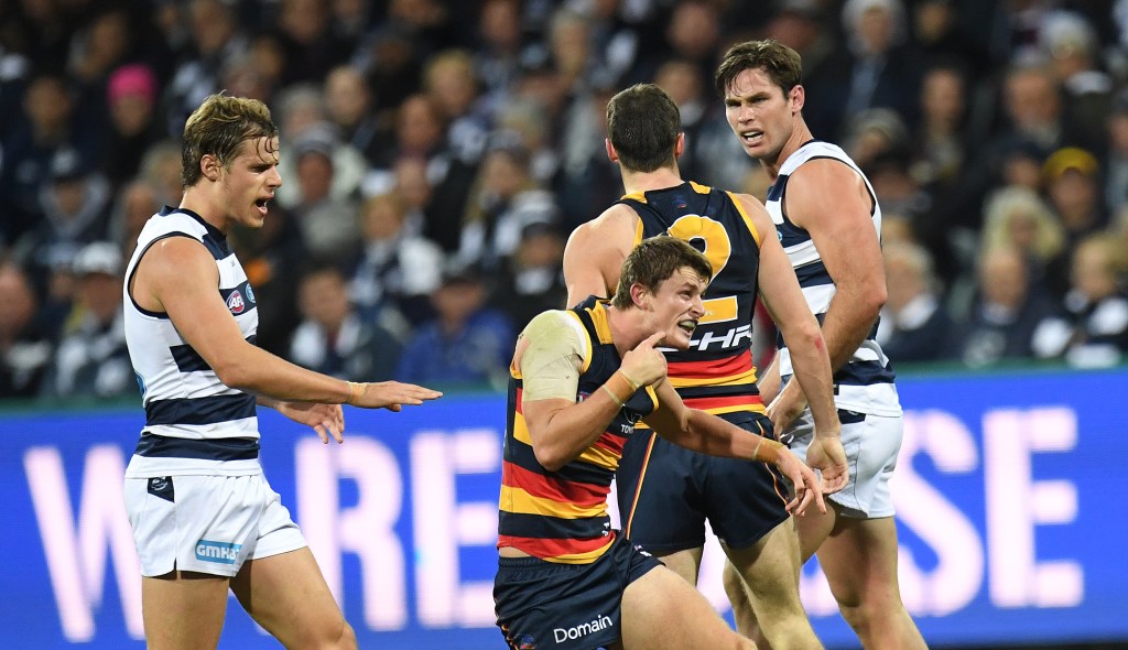Matt Crouch gestures for a free kick after Tom Hawkins (right) jumper-punched him. Hawkins has accepted a one-week ban. Photo: Julian Smith / AAP