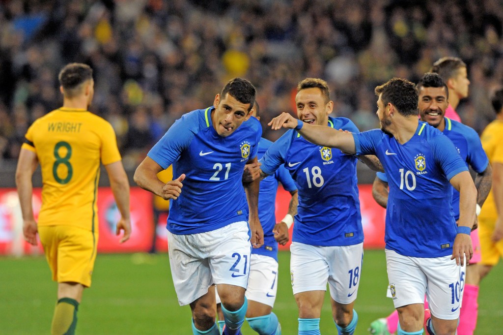 Brazil's Diego Souza celebrates after scoring a goal in the first 20 seconds of last night's international friendly against Australia at the MCG. Photo: Joe Castro / AAP