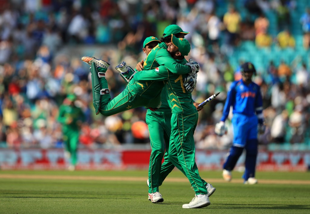 Pakistan's Sarfraz Ahmed celebrates with teammates after catching out India's Jasprit Bumrah to win the ICC Champions Trophy final. Photo: John Walton / PA Wire