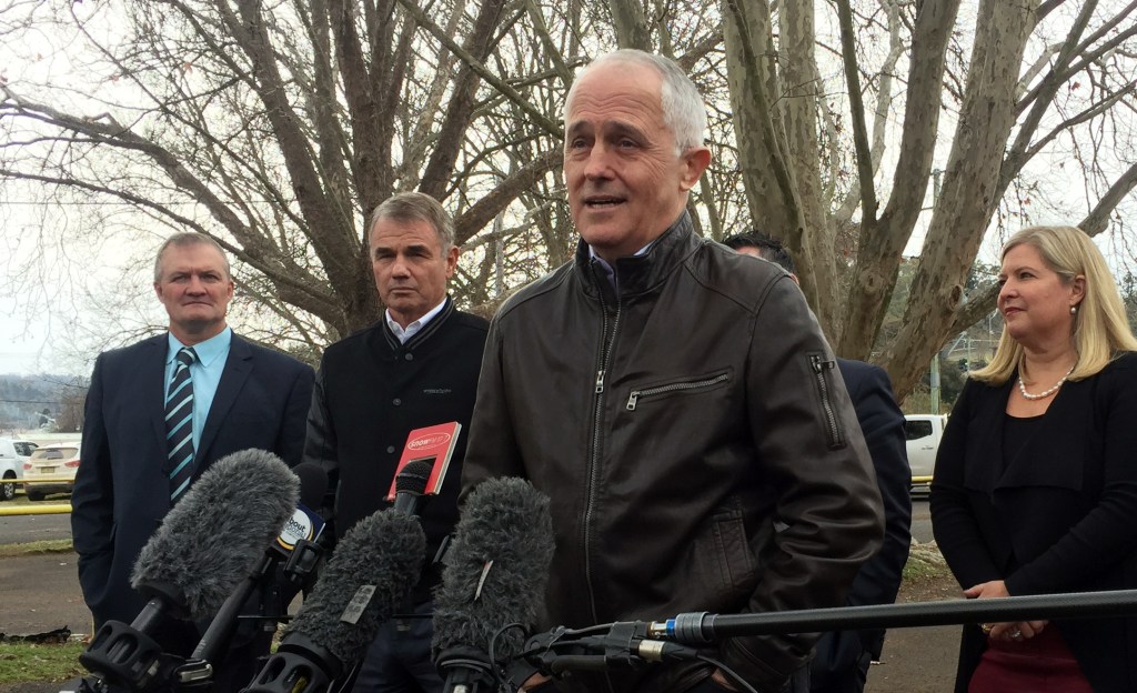 Prime Minister Malcolm Turnbull talks to the media during a Snowy Hydro 2.0 briefing in Cooma today. Photo: AAP/Jennifer Rajca