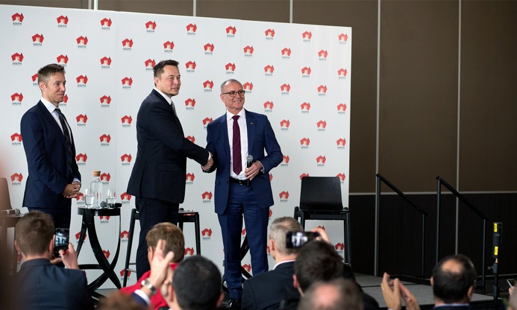 Jay Weatherill (left) with tech billionaire Elon Musk: the Premier could not disguise his glee. Photo: Andre Castellucci/InDaily 