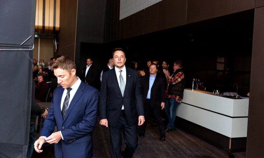 Elon Musk (centre) in Adelaide for the battery announcement in early July. Photo: Andre Castellucci/InDaily