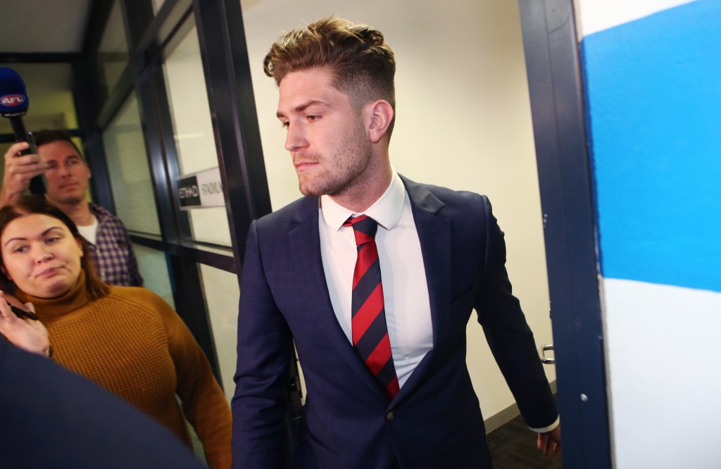 Demon Tomas Bugg leaves the AFL tribunal in Melbourne. Photo: David Crosling / AAP