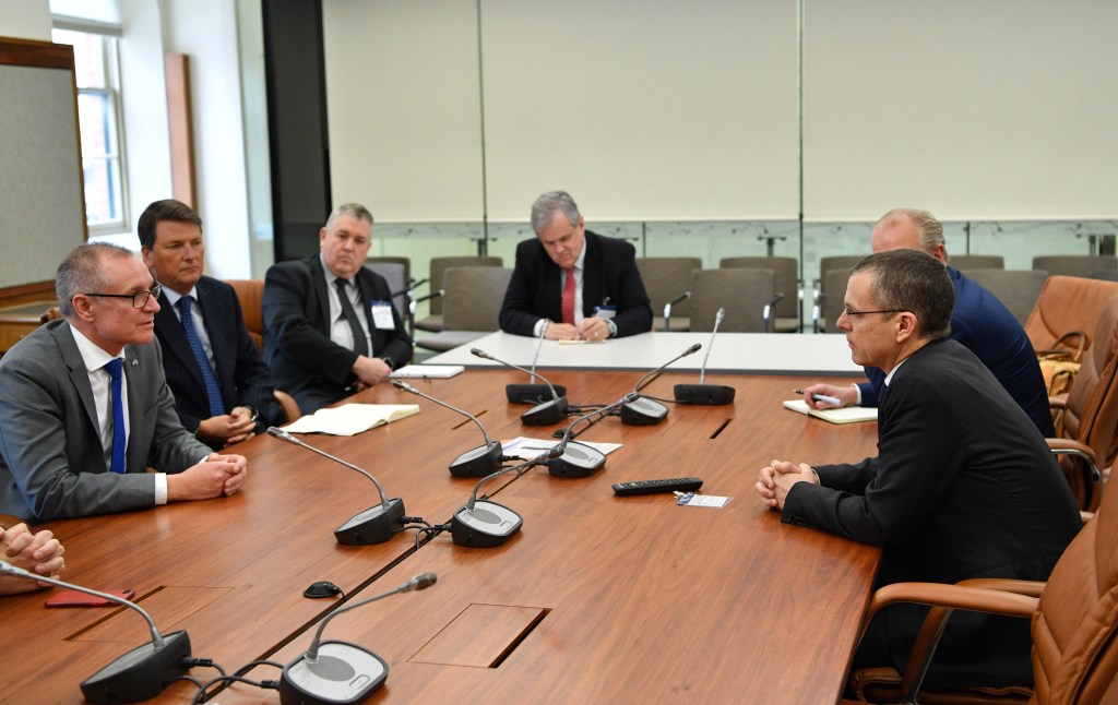 Premier Jay Weatherill (left) meets with representatives from GFG Alliance at Parliament House today. Photo: AAP/David Mariuz
