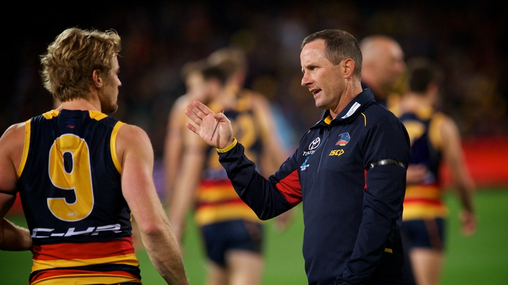 Rory Sloane takes direction from coach Don Pyke. Photo: Michael Errey / InDaily
