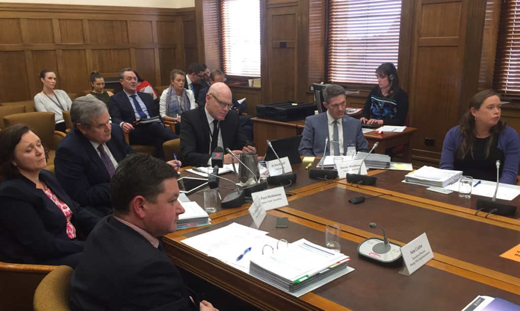 Department of Premier and Cabinet senior executives at this morning's committee meeting, including CEO Dr Don Russell (centre) and CFO Steve Woodhouse (immediate right). 