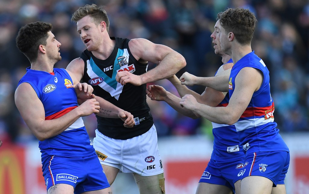 Bulldogs players remonstrate with Port's Tom Jonas on Saturday. Photo: Julian Smith / AAP